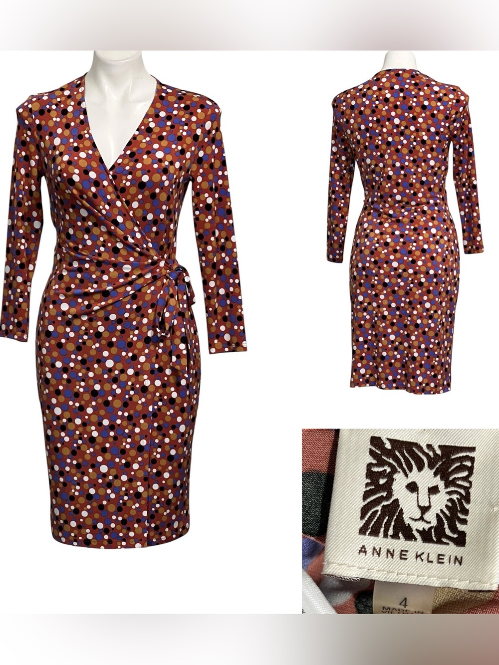 Anne Klein dress 4 Brown Multicolor Polka Dot‎ faux Wrap stretch office church